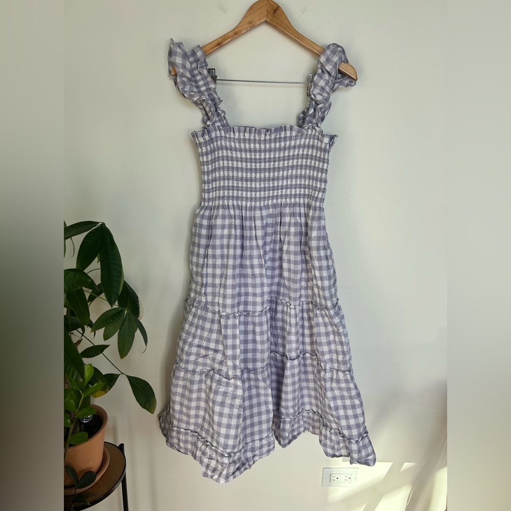 Hill House Ellie Nap Dress Cotton Gingham Lavender Purple Tiered Dress Size L